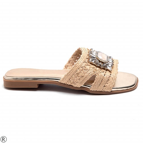 Бежови дамски чехли с камъни- Steisi Beige 10519