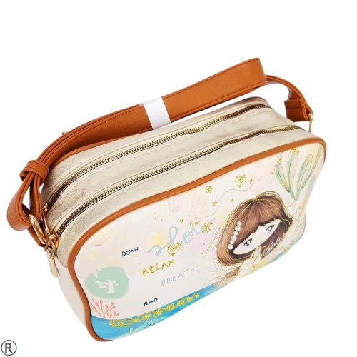 Цветна чанта с дълга дръжка и две отделения- Sindi Beige 11049