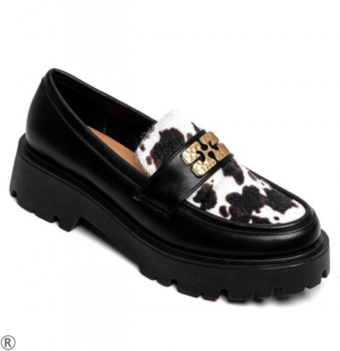 Черни дамски мокасини с кравешки принт- Sisi Black 11123