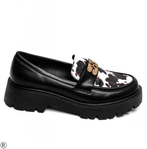 Черни дамски мокасини с кравешки принт- Sisi Black 11123