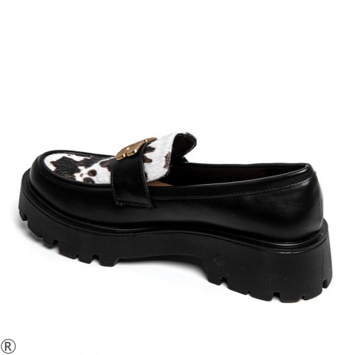 Черни дамски мокасини с кравешки принт- Sisi Black 11123