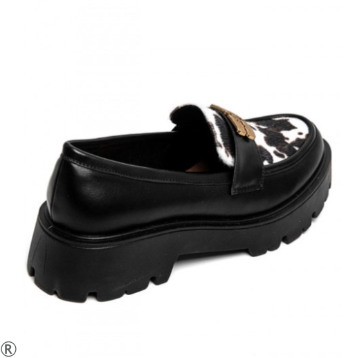 Черни дамски мокасини с кравешки принт- Sisi Black 11123