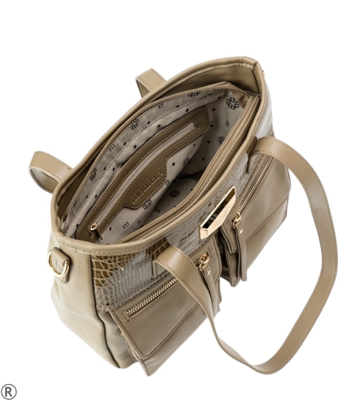 Бежова чанта от кожа и велур с дълги дръжки- Monnari 11143