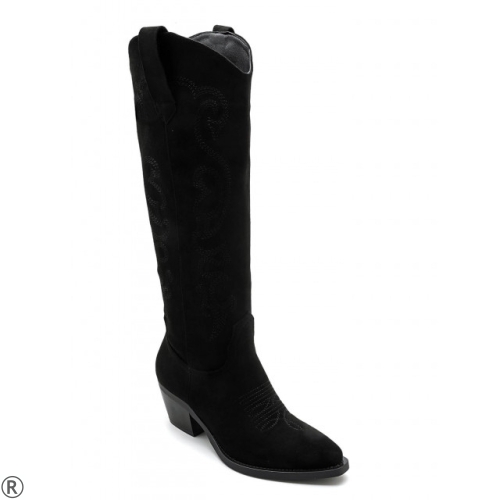 Черни каубойски ботуши от велур- Amanda Black 11181