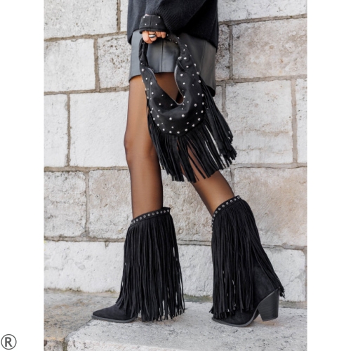 Черни каубойски ботуши с ресни- Klear Black 11186