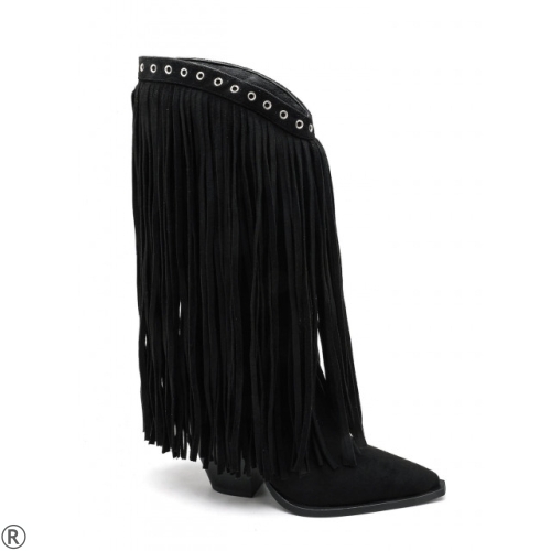 Черни каубойски ботуши с ресни- Klear Black 11186