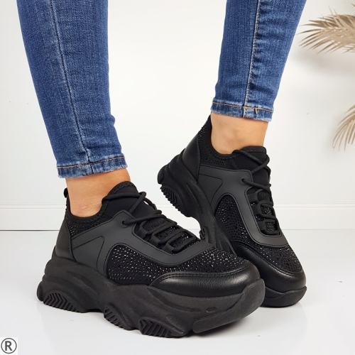 Черни дамски маратонки с камъни- Krista Black 11193