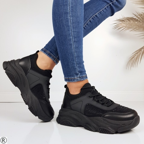 Черни дамски маратонки с камъни- Krista Black 11193