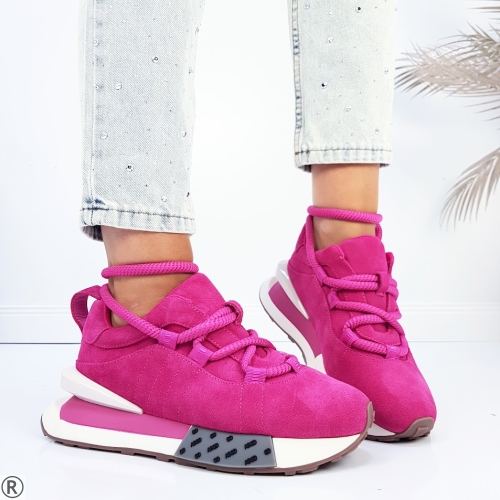 Цикламени сникърси от естествен велур- Amelia Pink 11196