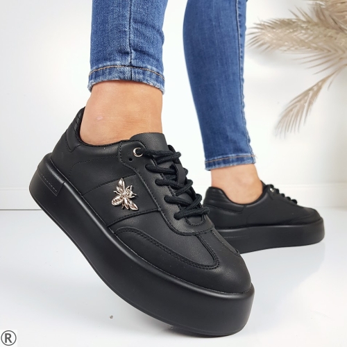 Черни кецове от естествена кожа с пчела- Arais Black 11201