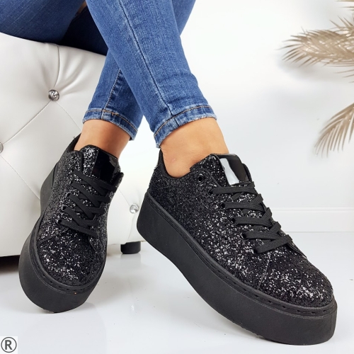 Черни дамски кецове с брокат- Stela Black 11202