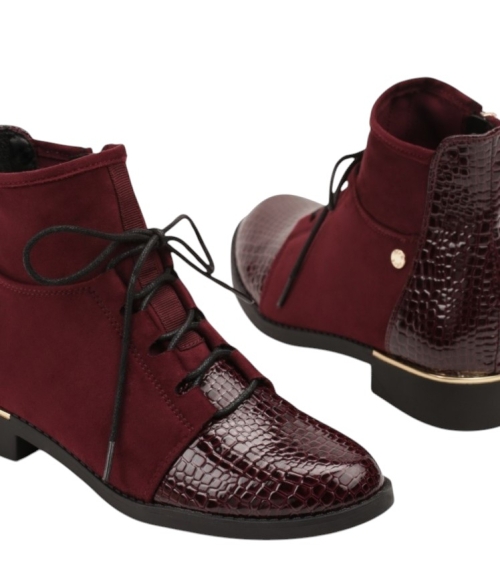 Равни боти бордо с връзки и цип -  Lura 11233