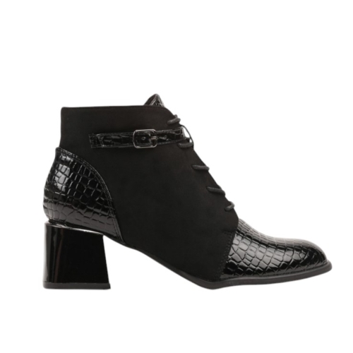 Черни боти на малък ток от лак и велур- Tara Black 11235