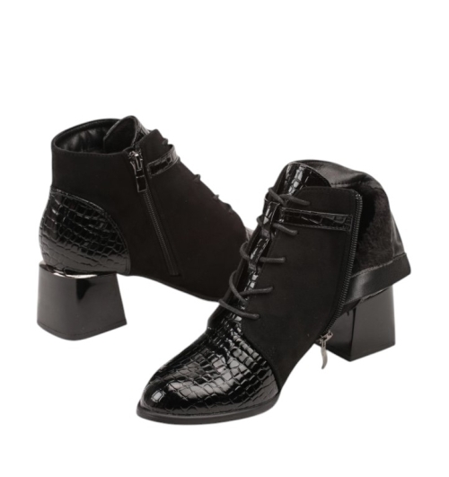 Черни боти на малък ток от лак и велур- Tara Black 11235