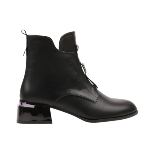 Черни кожени боти на широк ток- Sidni  Black 11239