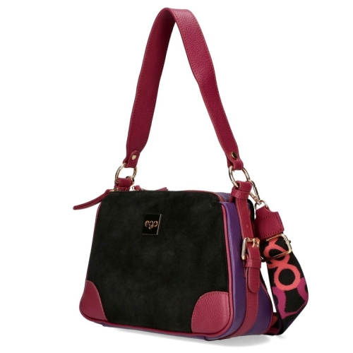 Дамска чанта от естествена кожа и велур в черен и цвят фуксия- EGO 11317