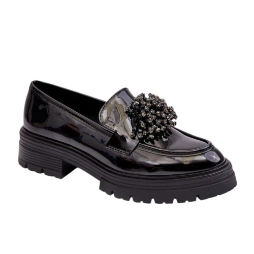 Черни лачени мокасини с камъни- Sisi Black 11340