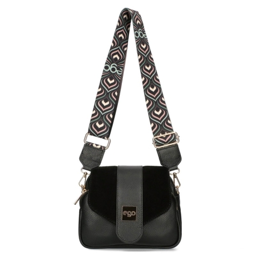 Черна чанта от естествена кожа с капак и дълга дръжка- EGO 11348