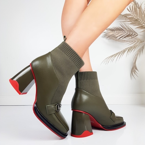Дамски боти от естествена кожа с плетиво цвят каки- Eliza Bulgaria Khaki 11396