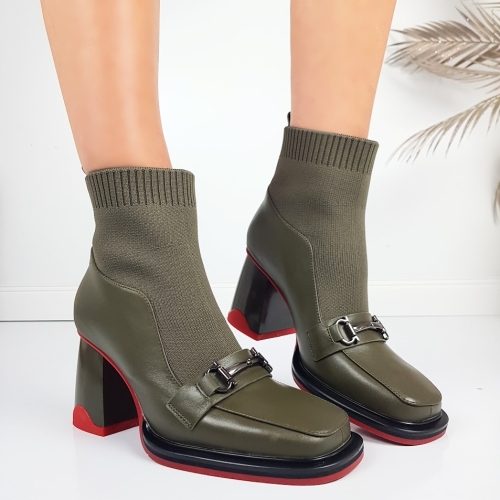 Дамски боти от естествена кожа с плетиво цвят каки- Eliza Bulgaria Khaki 11396