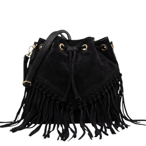 Черна чанта от естествен велур с ресни - Jaklin Black 11514