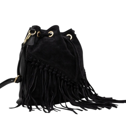 Черна чанта от естествен велур с ресни - Jaklin Black 11514