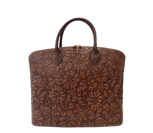 Кафява дамска чанта с цветя естествена кожа- Jamila Brown 11513