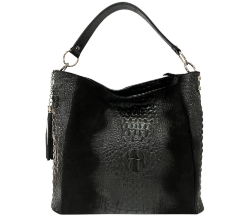 Черна чанта от естествена кожа и велур - Alexa Black 11508