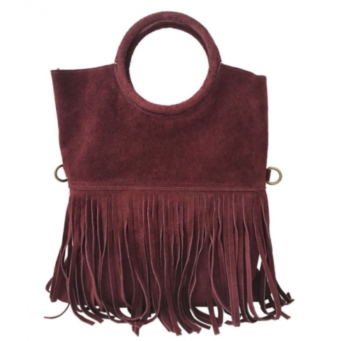 Чанта от естествен велур с ресни в цвят бордо- Virna Burgundy 11526
