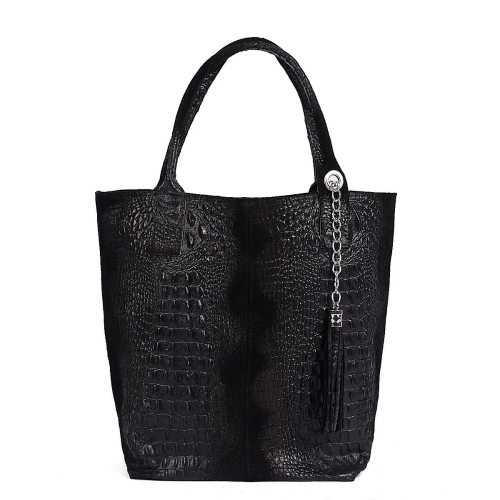 Голяма черна чанта от естествена кожа с кроко принт- Zara Black 11532