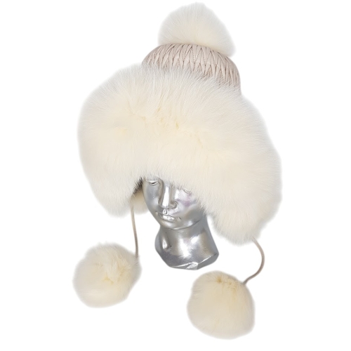 Бяла шапка с естествен косъм на лисица- Nora White 11554