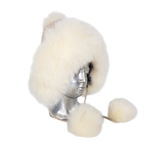 Бяла шапка с естествен косъм на лисица- Nora White 11554