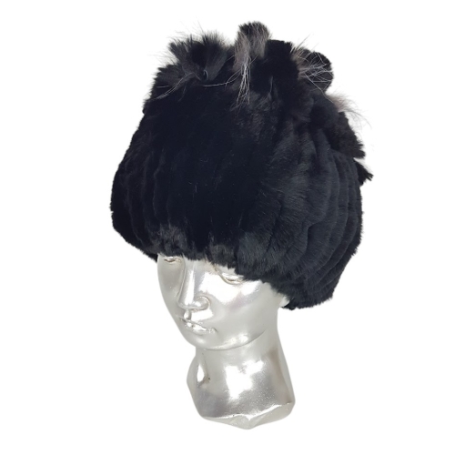 Черна луксозна шапка от естествен косъм на лисица- Nora Black  11557