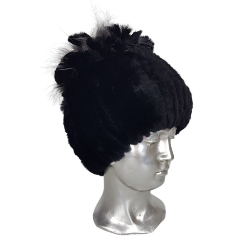 Черна луксозна шапка от естествен косъм на лисица- Nora Black  11557