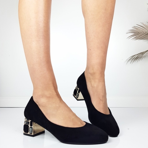 Елегантни велурени обувки с ефектен ток с камъни- Arina Black 11542