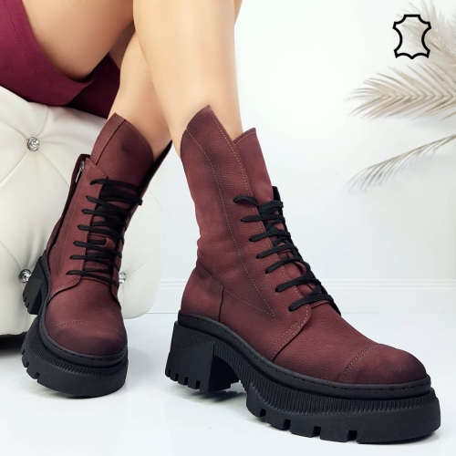 Боти от естествена кожа цвят бордо- Bella 11572