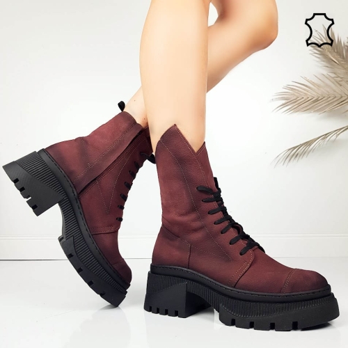 Боти от естествена кожа цвят бордо- Bella 11572