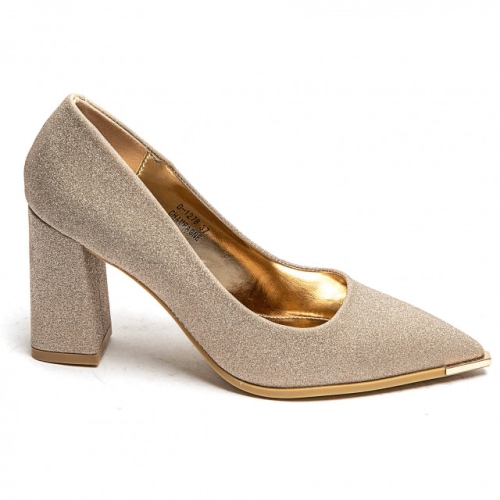 Елегантни златни  обувки на удобен широк ток с брокат- Izabel Gold 11614