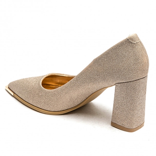 Елегантни златни  обувки на удобен широк ток с брокат- Izabel Gold 11614