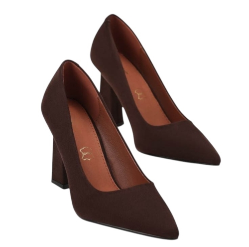 Велурени обувки на висок ток цвят кафе- Klear Coffee 11709