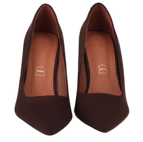 Велурени обувки на висок ток цвят кафе- Klear Coffee 11709