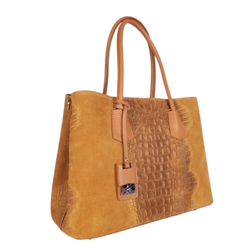 Кафява чанта от естествена кожа с кроко принт- Viola Brown 11757