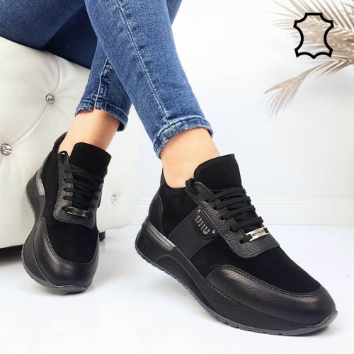 Черни кецове от естествена кожа и велур - Sisi Black 11766