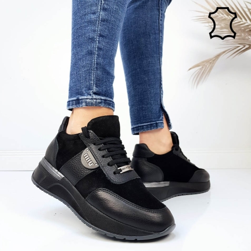 Черни кецове от естествена кожа и велур - Sisi Black 11766