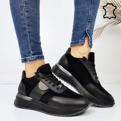 Черни кецове от естествена кожа и велур - Sisi Black 11766