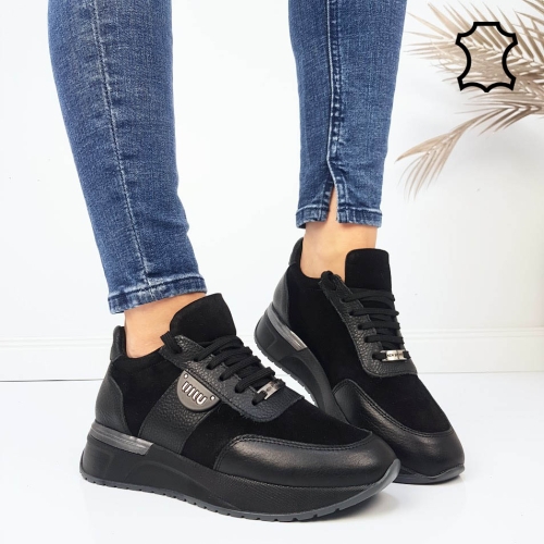 Черни кецове от естествена кожа и велур - Sisi Black 11766