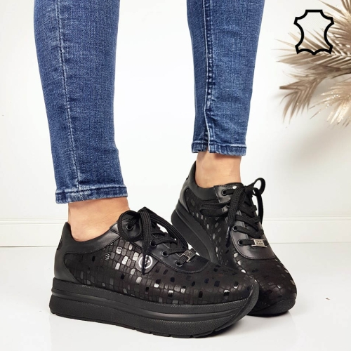 Обувки от ефектна естествена кожа на платформа- Zara Black 11729