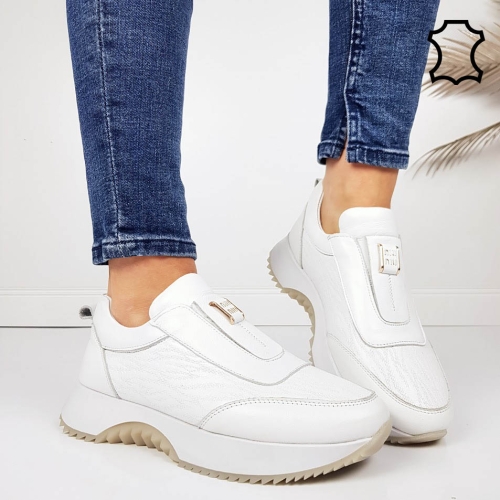 Бели маратонки от естествена кожа с ортопедична стелка- Evita White 11717