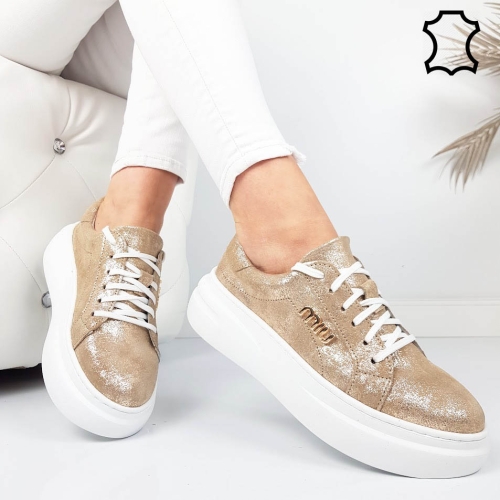 Златисти кецове от естествена кожа- Nora Gold 11784