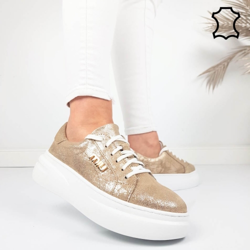 Златисти кецове от естествена кожа- Nora Gold 11784